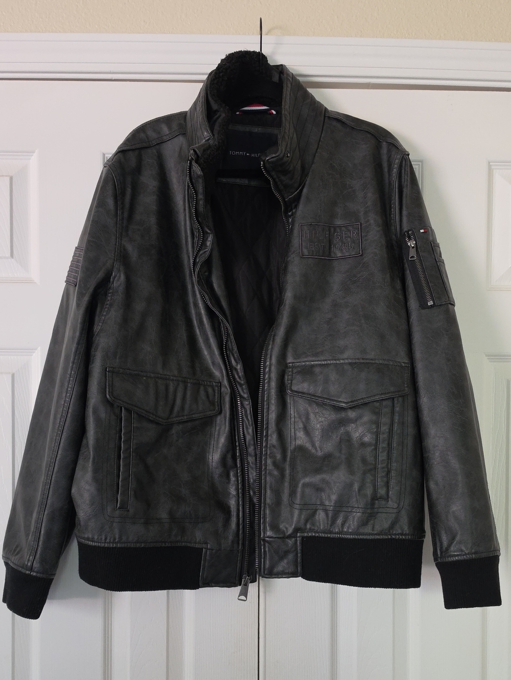 Tommy Hilfiger Men's Dark Leather Gray Black Bomber Jacket